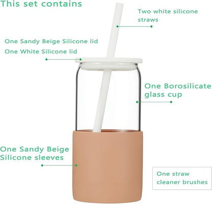 Sunseeke Glass Tumbler with Straw and Lid, 16oz Ice Coffee Cup, Silicone Sleeve Cleaning Brushes, Drinking Glasses for Water, Iced Coffee, Smoothie - BPA Free (Sandy Beige)