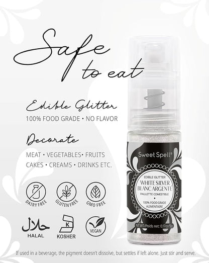 Sweet Spell Edible Cake Glitter Spray – Shimmering Magic for Cakes Decorating & Cocktails – 100% Edible, Food-Grade, Vegan, Gluten-Free (White Silver)