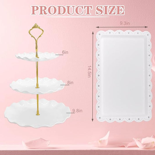 5 Pcs Dessert Table Display Set, White Plastic 2 Pcs Round 3 Tier Cupcake Stand Cup Cake Tower Stand with Metal Rod & 3 Pcs Serving Tray for Baby Shower, Tea Party, Wedding, Birthday Party