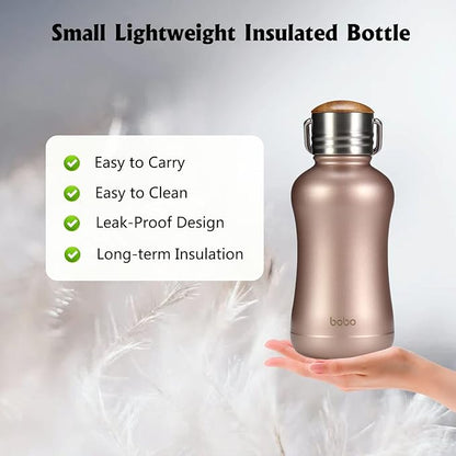 YOHKOH Mini Insulated Water Bottle With Bamboo Lid - 8.8oz Small Vacuum Insulated Water Bottle for Women Kids, 12 Hrs Hot & 24 Hrs Cold Stainless Steel Thermos Leak-Proof BPA-Free (8.8oz,Gold)