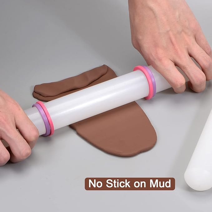 HARFINGTON 2pcs Fondant Rolling Pin 13 Inch x 1.38 Inch Adjustable Guide Rings Non-Stick PP Plastic Fondant Roller Dough Roller Kitchen Decorating Tools for Cookie Pastry Pizza Clay