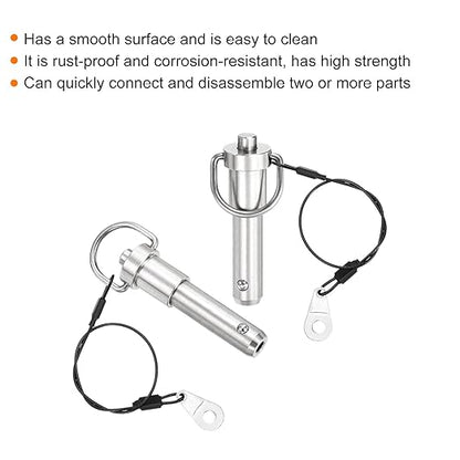 uxcell 1 Pcs Quick Release Pin, 1/2" x 2"(Dia. x L) Push-Button Ball Locking Pin 304 Stainless Steel Ring Handle Locking Pin with Wire for Audio Bimini Top Marine, Silver