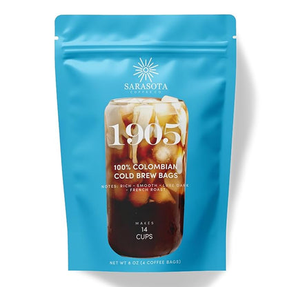 Sarasota Coffee 1905 Cold Brew Coffee Bags | 100% Colombian Dark French Roast | Rich & Smooth | Low Acid Ground Filter Packs | Cold Brew Kit Makes 14 Cups | Bold Luxe Roast Flavor