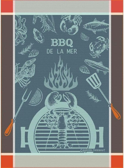 Garnier Thiebaut BBQ De La Mer Bleu (Blue Sea BBQ) French Kitchen Towel 22"x30", Cotton, Jacquard