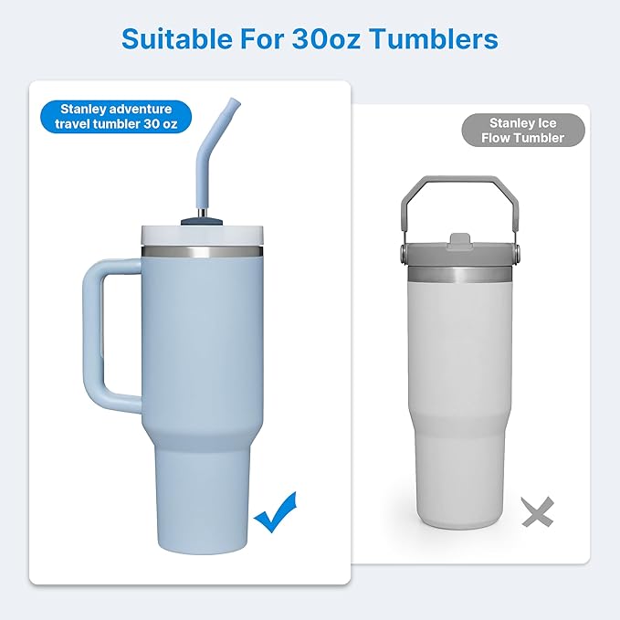 Metal Straw with Silicone Tip for 30oz Stanley Cup, 2 Pcs Stainless Steel Straws Replacement for Stanley 30 oz Adventure Quencher Travel Tumbler Cup, 1 Straw Brush (Light Blue)