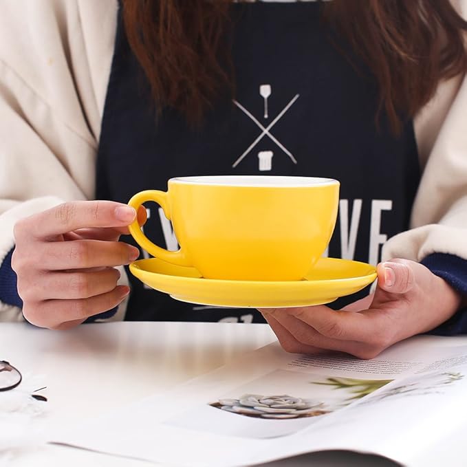 Latte Art Cappuccino Barista Cup and Saucer, New Bone China (Matte Yellow, 10.5 oz)