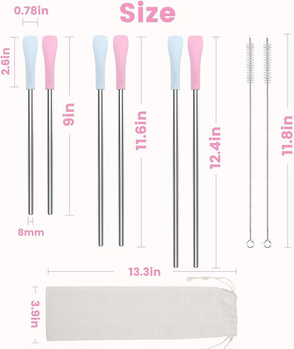 OUTXE Anti Wrinkle Straw 6 Pcs, Flat Wide Drinking Straw for Stanley& Yeti& Owala, Reusable Wrinkle Free Long Stainless Steel Metal Straw for Lip with Cleaning Brush and Carrying Bag