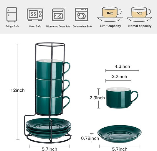 8oz Porcelain Stackable Cappuccino Cups with Saucers and Metal Stand Set of 4, Coffee Cups for Espresso, Specialty Coffee Drinks, Latte, Americano and Tea - Green