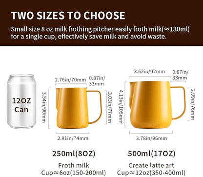 watchget Milk Frothing Pitcher 250ml/8oz Stainless Steel Espresso Steaming Jug with Matte Yellow Coating, Latte Art Coffee Frother Cup