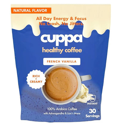 Cuppa French VanillaHealthy Mushroom Instant Coffee with Lion's Mane & Ashwagandha for All Day Energy & Focus - No Crash or Jitters - Nootropics for Brain Health, Gut Health, Immunity, Stress, Memory + Mood - 60 Servings