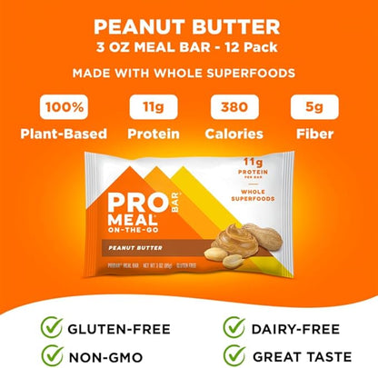 PROBAR - MEAL Bar, Peanut Butter, Non-GMO, Gluten-Free, Healthy, Plant-Based, Whole-Food Ingredients, Natural Energy (12 Count)