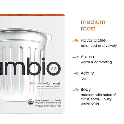 Cambio Roasters Organic Decaf Coffee Keurig KCups, Lower Acid Decaf Coffee K Cups for Any Time of Day, The Only Aluminum Medium Roast Pods Compatible with Keurig, Organic Coffee K Cups, 10 count