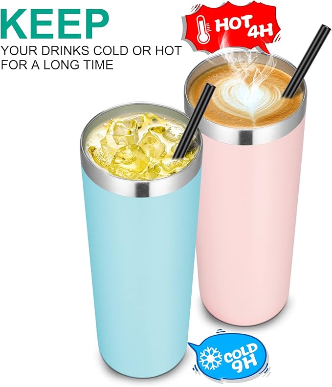 VEGOND Stainless Steel Tumblers Bulk 12 Pack, 20 oz Vacuum Insulated Skinny Tumblers with Lid and Straw, Double Wall Coffee Mug, Travel Water Cup, Light Pink