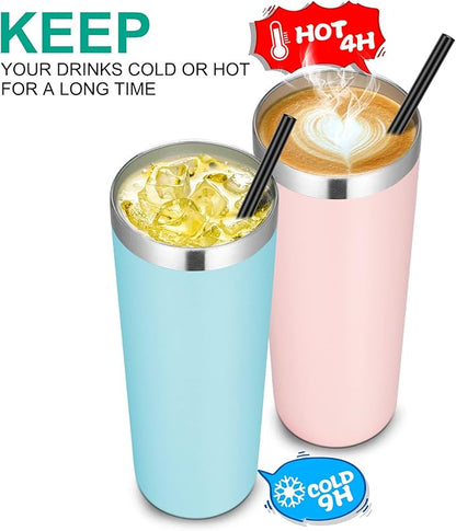 VEGOND Stainless Steel Tumblers Bulk 6 Pack, 20 oz Vacuum Insulated Skinny Tumblers with Lid and Straw, Double Wall Coffee Mug, Travel Water Cup, Blue