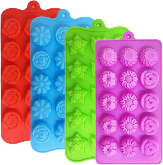 4 PACK Flower Shape Chocolate Candy Molds Set,DanziX Silicone 15 Cavity Baking Mold Ice Cube Tray for Wedding,Festival,Parties and DIY Crafts-Green,Blue,Red and Purple