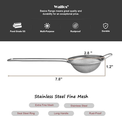 Walfos Mini Fine Mesh Tea Strainer, Stainless Steel Small Sifter with Sturdy Handle, 2.8 Inch Kitchen Metal Sieve for Tea, Coffee, Cocktail, Juice, Sugar and Spices