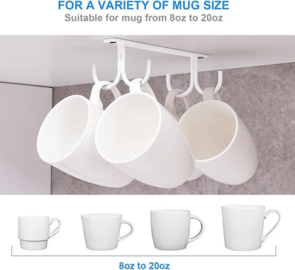 Mug Rack Under Cabinet - Coffee Cup Holder, 12 Mugs Hooks Under Shelf, Display Hanging Cups Drying Hook for Bar Kitchen Utensils White