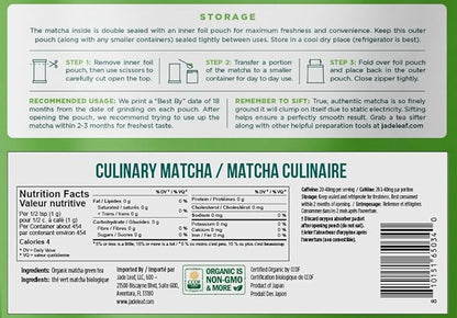 Jade Leaf Matcha Organic Premium Ceremonial Grade Matcha Green Tea Powder - Japanese - Culinary, Ingredient, Ceremonial Barista Teahouse, Latte, Collagen, 16 Ounce (Pack of 1), Culinary