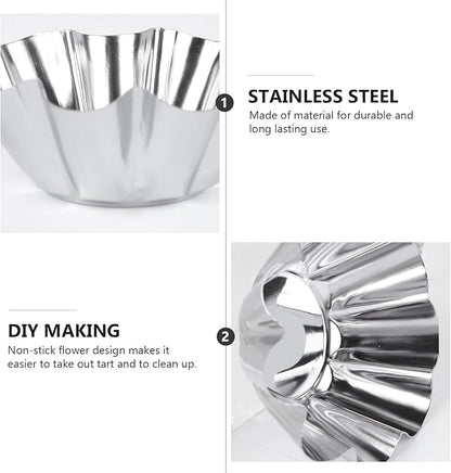 Mikinona 6pcs Stainless Steel Flower Tart Pans Non-stick Tart Muffin Cups for Baking Desserts for Cupcakes Egg Tarts and Diy Parties