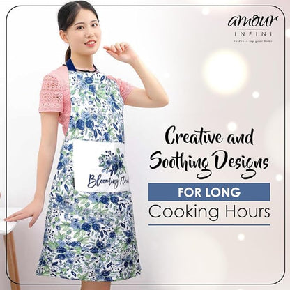 AMOUR INFINI Cotton Aprons for Women with Pocket, Adjustable Strap & Waist Ties - Washable Aprons for Baking, Cooking, Gardening (27.5 x 33 Inches - Blooming Floral)