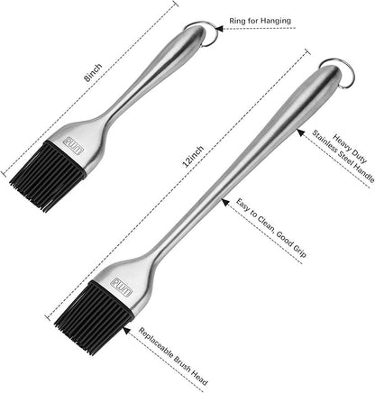Basting Brush - Grilling BBQ Baking, Pastry and Oil Stainless Steel Brushes with Back up Silicone Brush Heads(Orange) for Kitchen Cooking & Marinating, Dishwasher