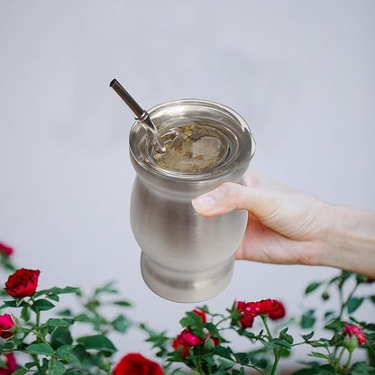 Beruth Bombilla Yerba Mate Gourd, 8oz Stainless Steel Tea Cup Set with Lid, Two Straws and Cleaning Brushes, Double Walled Coffee Mug Heat Insulation Anti Scalding （Bright Silver）