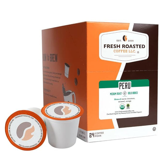 Fresh Roasted Coffee, Organic Peru | Mold & Myco 3rd Party Tested, USDA Organic, Kosher | Med Roast 24 Pods for K Cup Brewers