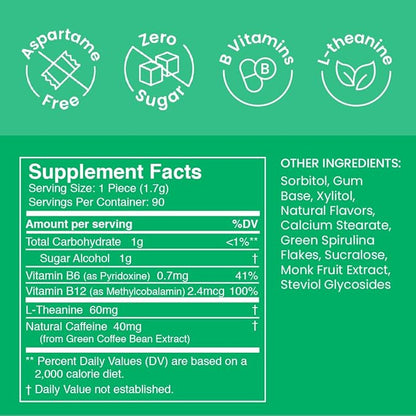 Neuro Energy & Focus Gum - 40mg Natural Caffeine Gum & Nootropic Energy Supplement with L-Theanine & B Vitamins - Sugar Free, Vegan - Spearmint, 90ct