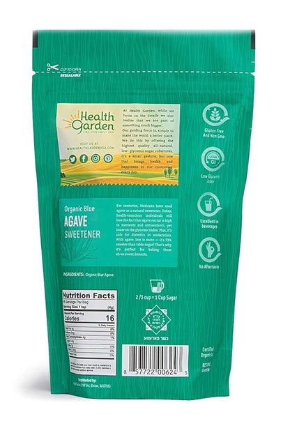 Health Garden Organic Blue Agave Sweetener Crystals - Kosher Gluten Free Non GMO Low Carb, 12 OZ