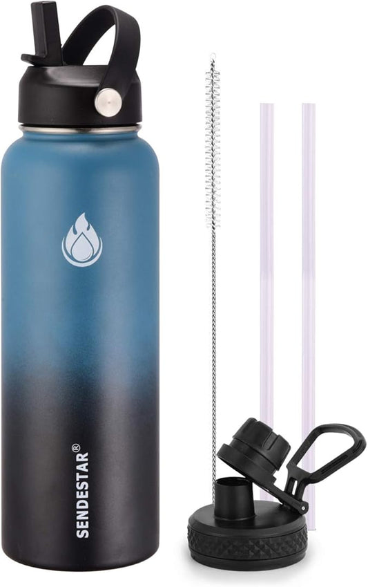 SENDESTAR Water Bottle 40oz Double Wall Vacuum Insulated Leak Proof Stainless Steel Sports Water Bottle—Wide Mouth with New Flex Straw Lid & Spout Lid (Deep Blue&Black)
