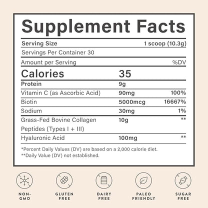 Beam Collagen Powder, Collagen for Women, Collagen with Hyaluronic Acid, Collagen Peptides Type 1 and 3, with Biotin, Grass Fed Bovine, Third-Party Tested, Best for Coffee, Vitamin C, 30 Servings