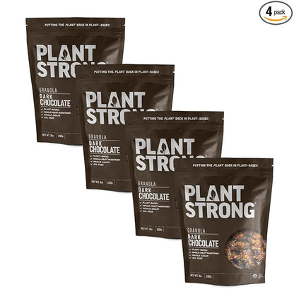 PLANTSTRONG Dark Chocolate Granola Snack Mix - Whole Grain, Naturally Sweetened With Fruit, Plant Based, Oil Free - Pack of 4 x 9oz Bags