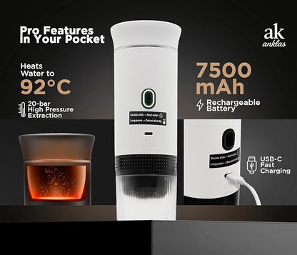 3-in-1 Portable Coffee Maker – Electric Espresso Machine for Travel – Compatible with Ground Coffee, NS & DG Capsules – USB-C Rechargeable Portable Espresso Maker (White)