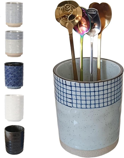 Stoneware Coffee Bar Utensil Holder Tea & Coffee Spoon & Stirrer Holder for Stir Stick Straw Teaspoon Holder Spoon Cup Small Utensil Jar (Blue Chequer)