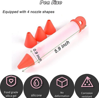 Cake Decorating Pen Dessert Decorating Tool, Silicone Food Syringe Cylinder with 4 Heads Cookie Icing Piping Nozzles Used for Chocolate Jam, Lettering, Drawing, Cream (Green)