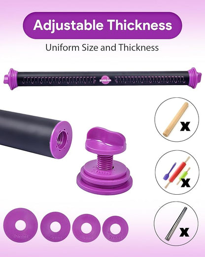 Silicone Rolling Pin with Thickness Rings, Adjustable Designs for Fondant, Cookie Decorating, Pasta, Pizza, 23.6 inch Purple Large Long Pin