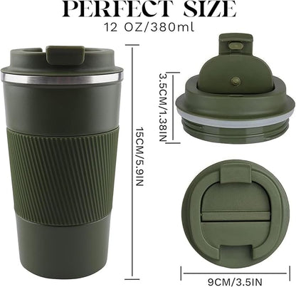 YINBAOGE Insulated Travel Coffee Mug Spill Proof Leak Proof Pobtable To Go Camping Stainless Steel Coffee Tumbler Reusable Coffee Cups with Lids Thermos for Hot and Cold Drink (Green, 12 OZ)