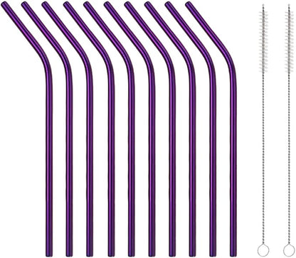 10 Pcs Stainless Steel Straws, Reusable Drinking Straws, Bent Metal Straw Sets with 2 Pcs Cleaning Brushes (Purple, 10.5 Inch)