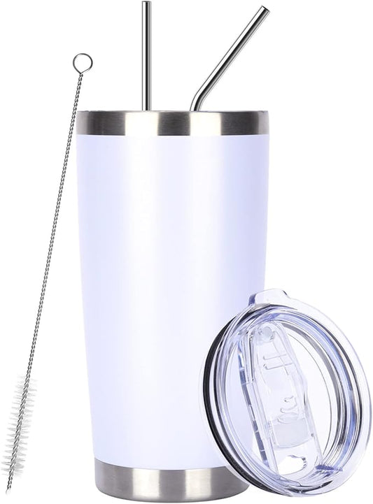 Pandance 20oz Stainless Steel Insulated Tumblers with Lid and Straw Bulk, Double Wall Vacuum Water Cups for Hot & Iced Coffee Drinks Travel Mug (White, 1 pack)