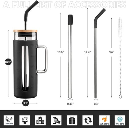 Kodrine Tumbler with Lid and Straw, 20 oz Glass Coffee Tumbler with Handle, Smoothie Cup with Bamboo Lid | Time Marker | Silicone Protective Sleeve, BPA Free - Black