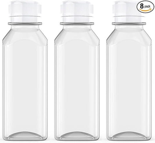 Axe Sickle 8 Pcs 8 Ounce Juice Bottles Plastic Milk Bottles Bulk Beverage Containers with Tamper Evident Caps Lids White for Milk, Juice, Drinks and Other Beverage Containers