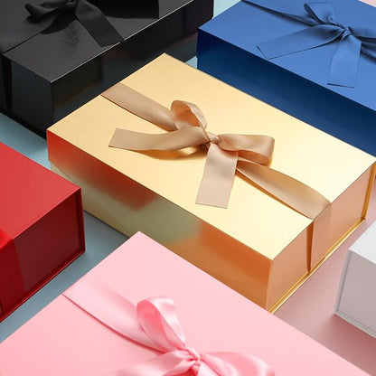 HAPPY POTATO 5 Large Gift Boxes with LIds and Ribbon 11.5x8.1x3.8 Inches, Bridesmaid Proposal Boxes, Gold Gift Boxes for Presents (Glossy Gold, Pack of 5)