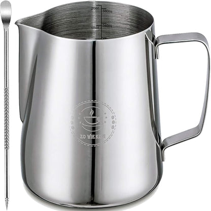 Milk Frothing Pitcher 20oz,Espresso Steaming Pitchers 600ml,Espresso Machine Accessories,Milk Frother cup 20 Oz, Coffee Cappuccino Latte Art,Stainless Steel Jug Cup with Decorating Art Pen