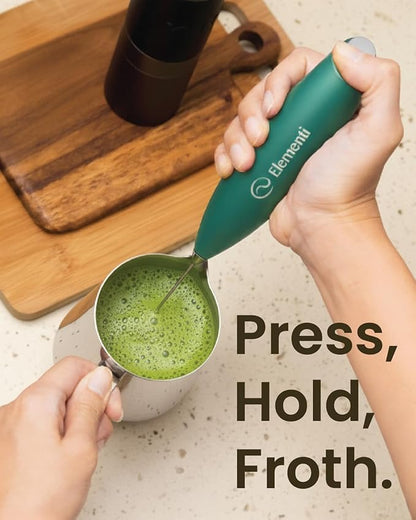 Elementi Matcha Whisk & Frother Set - Powerful Electric Matcha Mixer for Powder, Easy to Use Electric Whisk Kit - Craft Effortless Lattes with the Elementi Milk Frother Wand & Wisk (Emerald Green)