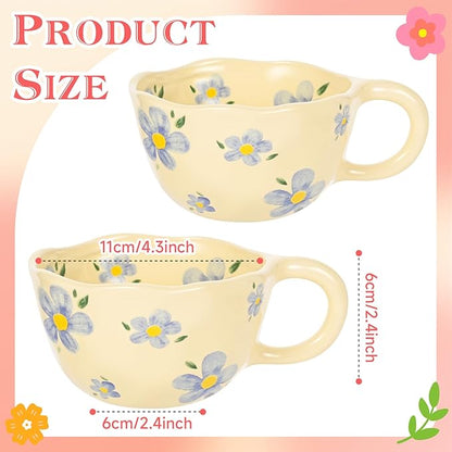 Ceramic Coffee Mug Set of 2 Vintage Flower Mugs 8 oz Cute Floral Coffee Mugs Irregular Latte Art Cup Lead-free Porcelain Cups for Cappuccino, Cocoa (2 Blue Flower)