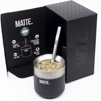 Matte 6.5 oz Yerba Mate Gourd and Bombilla Set - Includes DS Pro Box - BPA Free Yerba Mate Set Kit with Mate Straw, Elegant Design, Non-Slip Base (Black)