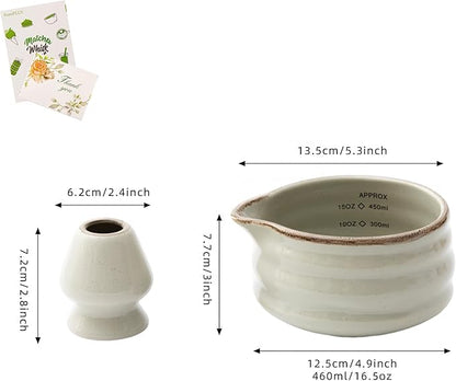 2pcs Matcha Bowl with Whisk Holder, Ceramic Grey Matcha Bowl with Spout, 16.5OZ Porcelain Bowl with Measurement Marks, Tea Mixing Bowl with Whisk Stand, Matcha Gift Set (grey)
