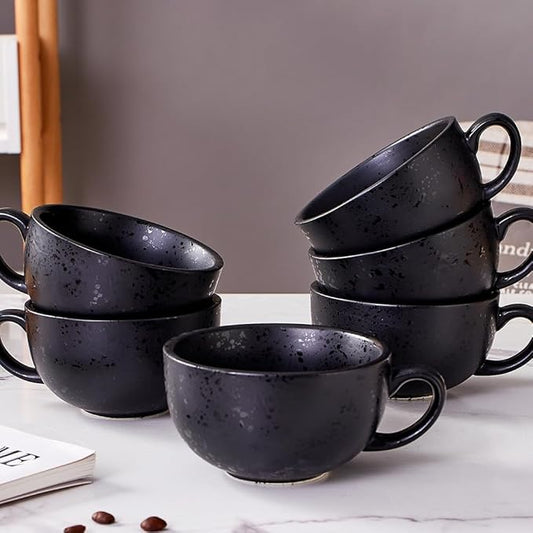 Set of 6 Vintage Design 12 oz Professional Barista Ceramic Latte Art Cappuccino Cups Set (Facular Black * 6)