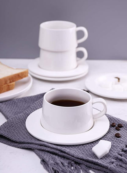 Kanwone Porcelain Stackable Cappuccino Cups with Saucers - 8 Ounce for Specialty Coffee Drinks, Cappuccino, Latte, Americano and Tea - Set of 4, White