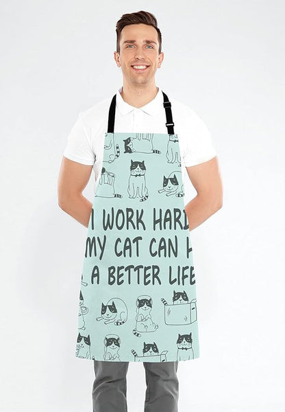Funny Cat Adjustable Bib Apron, I Work Hard So My Cat Can Have A Better Life Cooking Kitchen Apron for Men Women